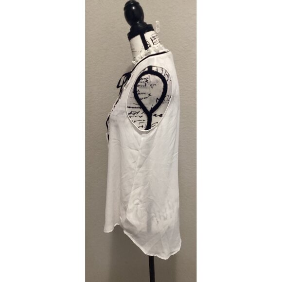 Pleione White Sleeveless Button-Down Blouse W/Ruffle Trim & Black Ribbon - Picture 3 of 5